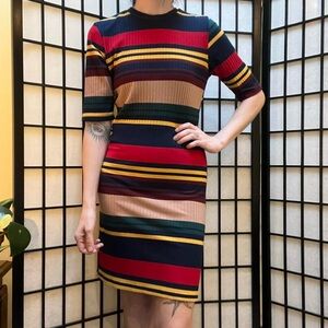 Red, Navy, Yellow Colorblock Striped Knit Dress Mod Retro Vibes